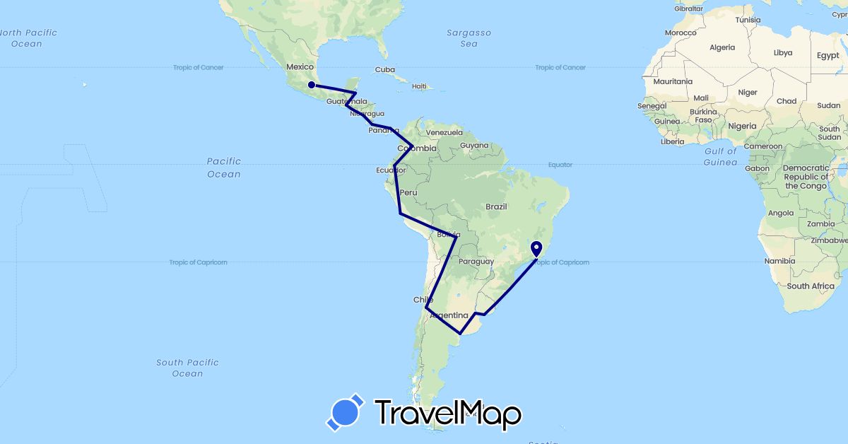TravelMap itinerary: driving in Argentina, Bolivia, Brazil, Belize, Chile, Colombia, Costa Rica, Ecuador, Guatemala, Mexico, Nicaragua, Panama, Peru, El Salvador, Uruguay (North America, South America)